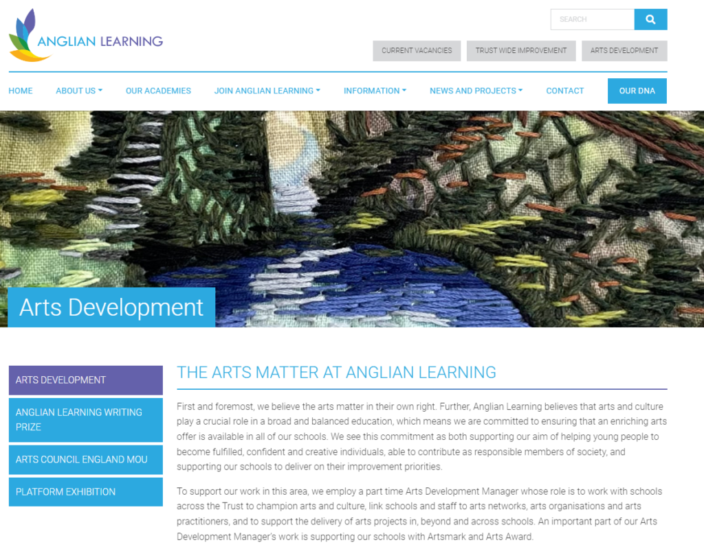 A screenshot of Anglian Learning's Arts Development page