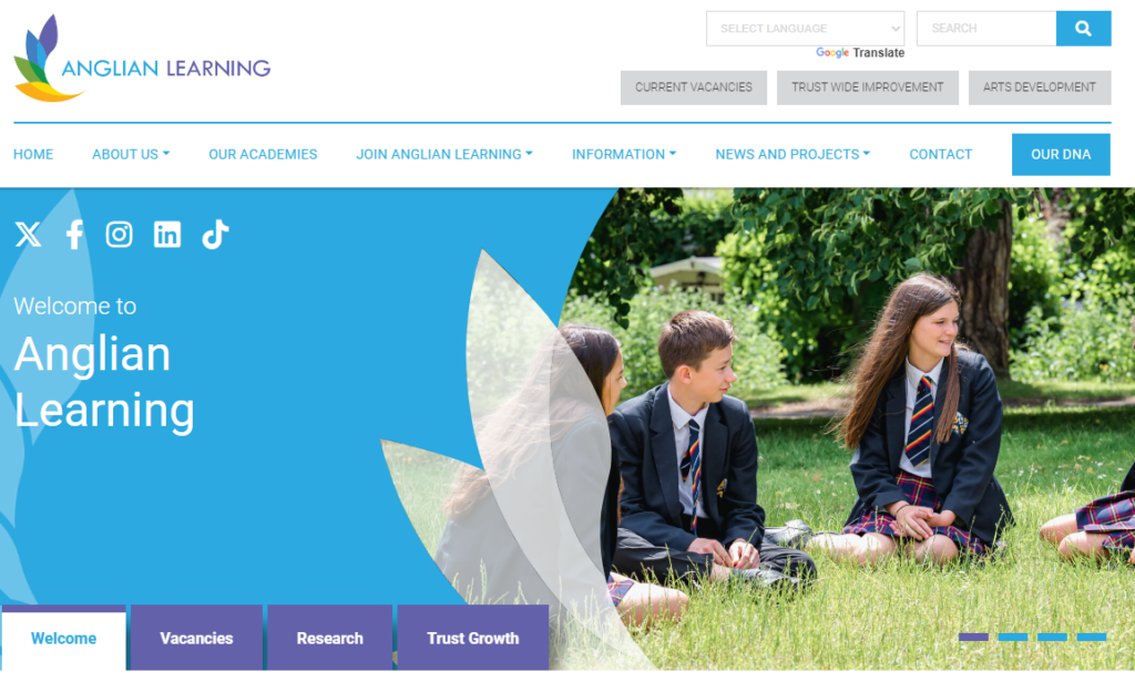 A screenshot of Anglian Learning's homepage