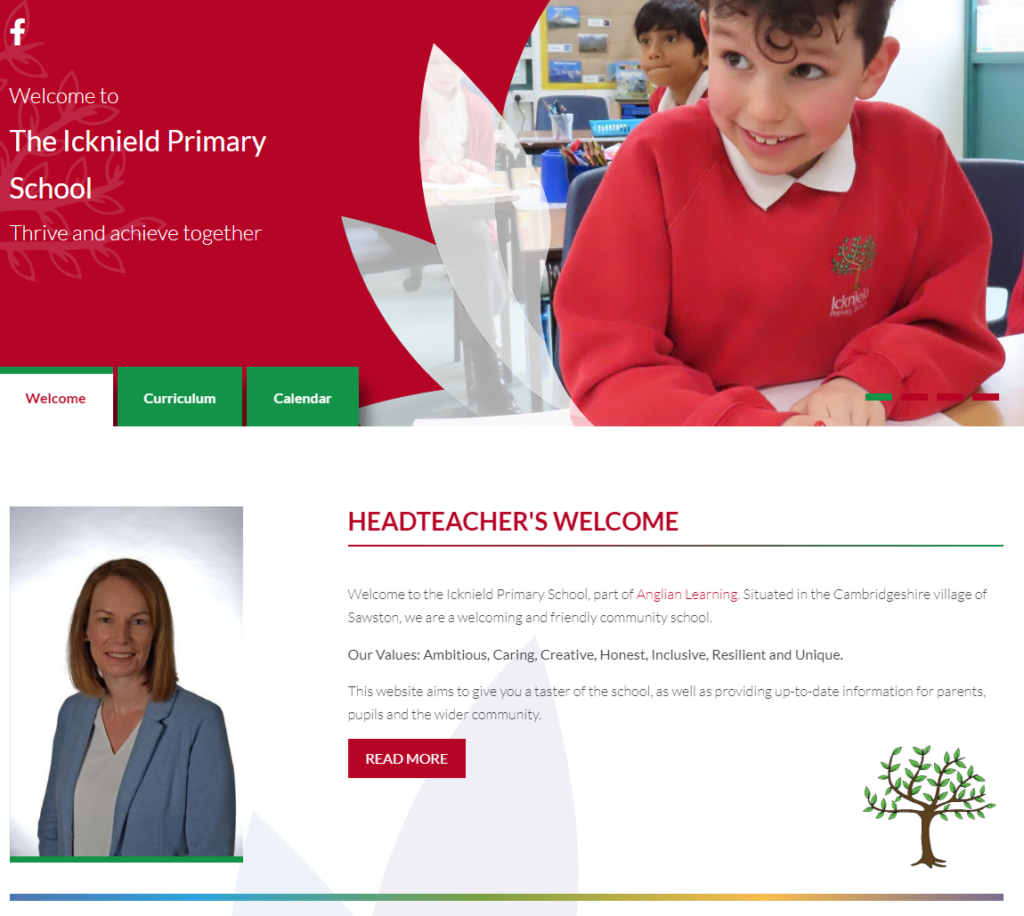 A screenshot of a website showing the homepage with a large image of a boy wearing a red jumper, sitting at a desk and smiling. further down the image is a picture of the headteacher, Diane Mitchell, with the text 'Headteacher's welcome'.