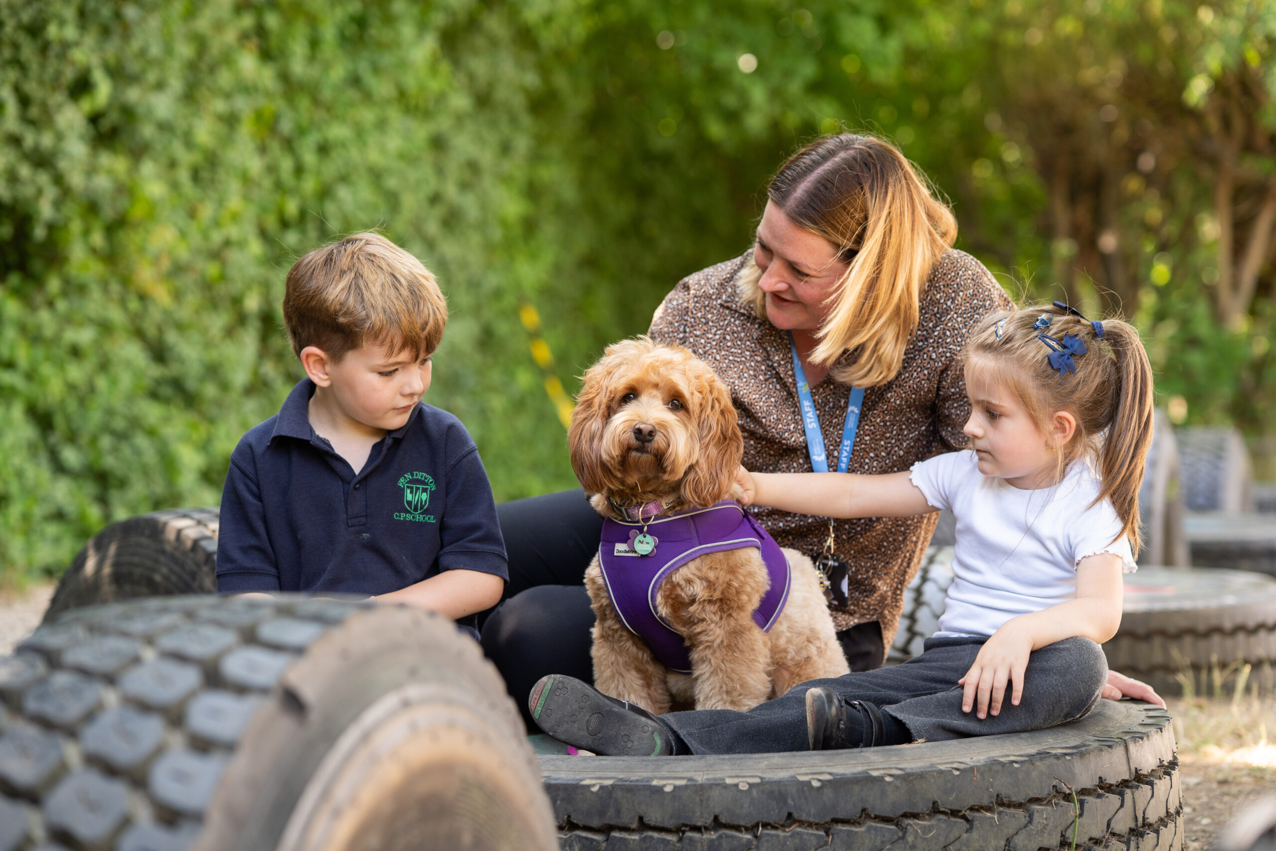 Two pupils are sitting in a large tyre, stroking a fluffy brown dog. A teacher is sitting behind them and also stroking the dog.