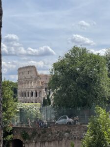 A view of an Amphitheatre behind some trees.