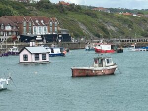 Boats in a body of water with houses and buildings in the background